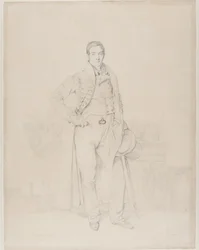 Portrait of the Architect Alexandre Bénard, full length, with fragments of classical capitals, the Roman Forum beyond